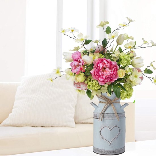 Vintage bloemenvaas hart melkkan 2 stuks ijzeren bloempot shabby decoratie, bloempot vaas van zink, landelijke stijl vaas rustieke bloemenemmer voor tuin woonkamer tafeldecoratie