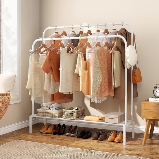 Kledingrek met 2 kledingstangen, multifunctionele kapstok van metaal met 1 plank en 4 haken, kan kleding, tassen en schoenen opbergen
