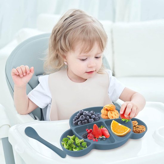 Babybord met antislip zuignap, siliconen kinderbord met deksel en lepel, babybord, onderverdeeld, kleine kinderen, serviesset met geschenkdoos, BPA-vrij en vaatwasmachinebestendig, blauw