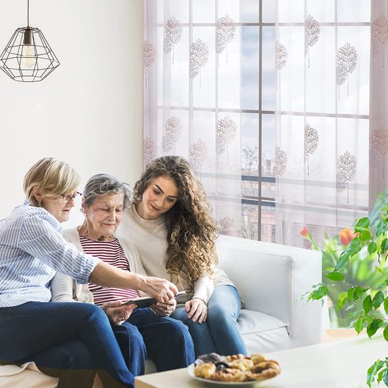 Gordijnen Transparant met Ringen, Doorschijnend Gordijnen Bladeren Roze+Wit Gordijnen voor Kinderen Kamer Slaapkamer, 140x290 cm (B x H), set van 2