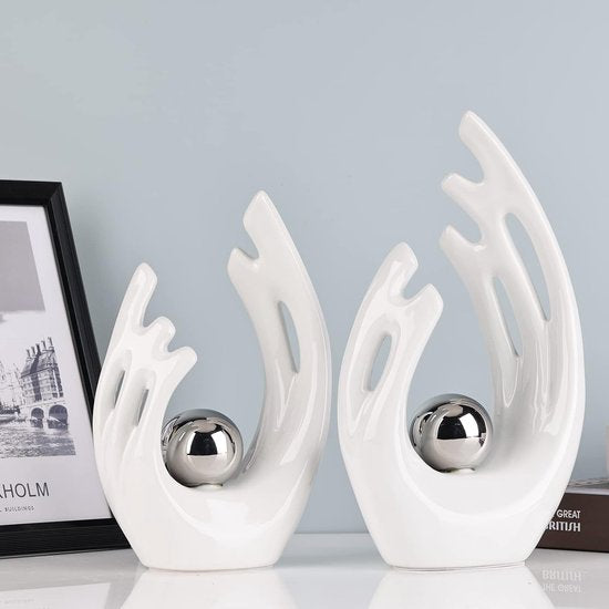 Witte abstracte keramische beelden en sculpturen, witte en zilveren keramische kunstbeelden, moderne woondecoratie voor woonkamer, eettafel, salontafel, plank, entree, desktopsculptuur voor thuis, woondecoratie