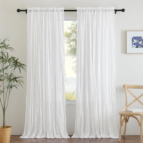 Linnen gordijnen, set van 2, H 245 x B 140 cm, woonkamergordijn, wit, semi-transparante linnenlook gordijnen met uittrekbare roede, bohogordijn, linnen gordijnen