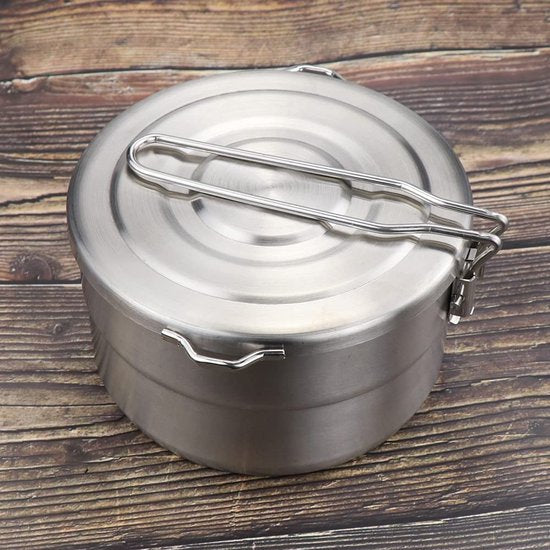 Roestvrijstalen camping kookgerei kookpot met deksel en opvouwbare handgreep - 1,5L grote capaciteit Bento Pot Camping Servies - Outdoor kookgerei voor kamperen, wandelen, picknick