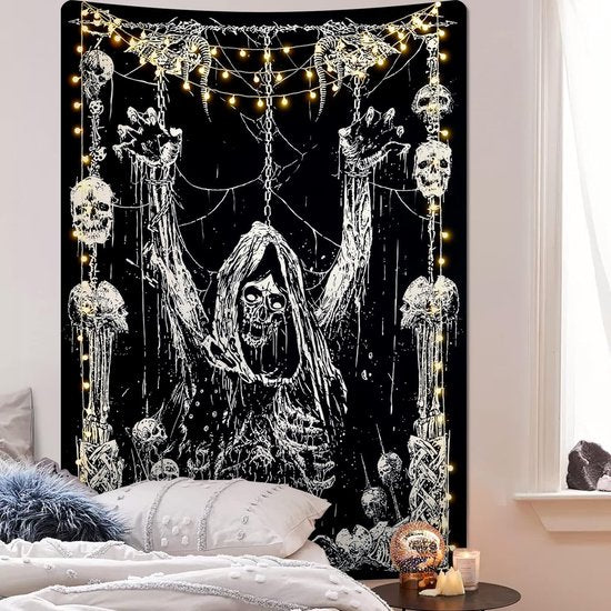 wandtapijt, menselijke schedel wandtapijt, zwart en wit wandtapijt, esthetische stijl, gothic wanddoek, slaapkamer huisdecoratie wanddoek, polyester 150 cm x 130 cm