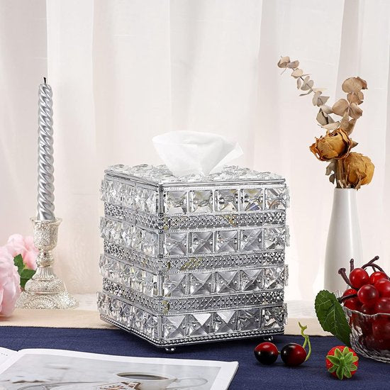 Kristal Zilver Cosmetische Tissue Box Gemaakt van Glas Metaal Tissue Box Tissue Dispenser Tissue Box Decoratie voor Woonkamer Eetkamer Hotel Restaurant Kantoor Vierkant