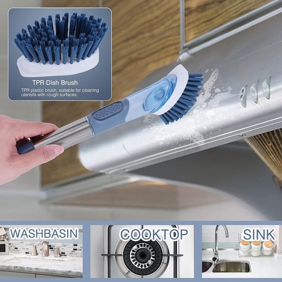 Afwasborstel met afwasmiddeldispenser, reinigingsborstel met 4 verschillende reservekoppen, keukenreinigingsborstel met 27 cm steel voor servies, potten, keukenspoelbakken reiniging