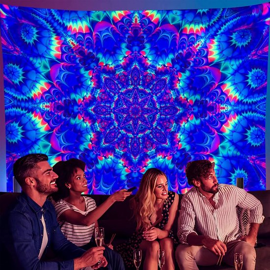 Blacklight wandtapijt, mandala, 150 x 200 cm, glow in the dark, psychedelisch, boho, kleurrijke achtergrond, Boheemse kamerdecoratie, hippie, wandposters voor slaapkamer