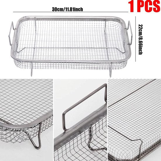 Roestvrijstalen grillmand, multifunctioneel grillrooster, bakmand voor friet, grillen (30 x 22 x 5 cm)