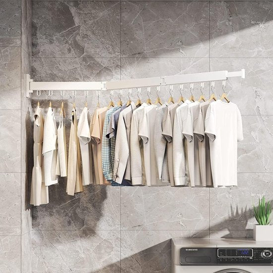 Uittrekbaar wandkledingrek, opvouwbaar intrekbaar draaibaar kledingrek met 18 haken, drievoudig kledingrek met handdoekhouder voor balkon, badkamer, slaapkamer