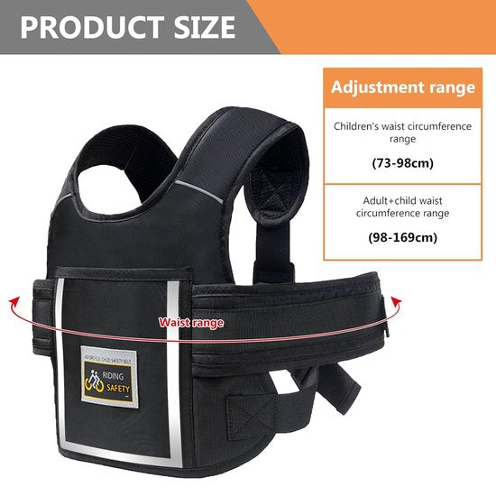 kindermotorveiligheidsgordel, motorfiets kindergordel, veiligheidsgordel voor kindermotoren, verstelbaar kindermotorharnas met reflecterende strips