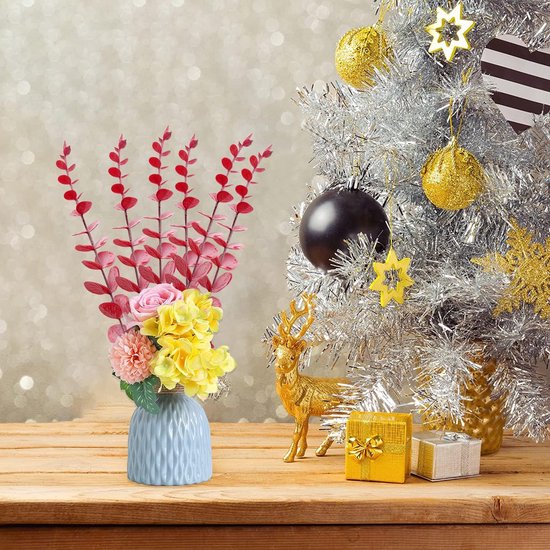 Kunstmatige eucalyptus decoratieve tak, pakket van 20 planten, eucalyptusbladeren, eucalyptusstam, kunstplanten, kunstmatige eucalyptusbomen, zilveren dollar, nepplant (20, rood)