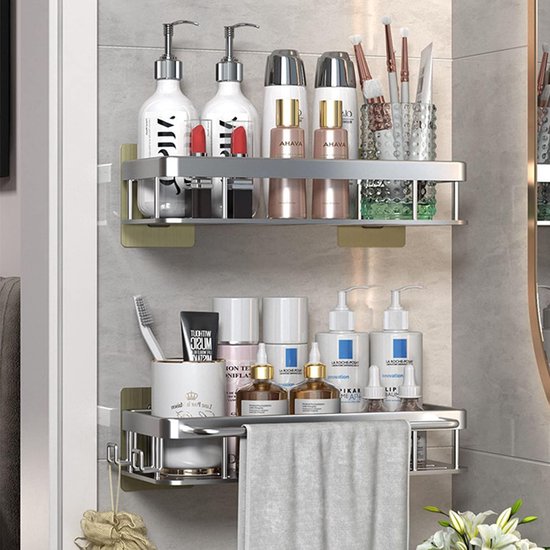 Doucheplank zonder boren, doucheplank met haken, handdoekhouder, aluminium, zonder sporen achter te laten, zelfklevende doucheplanken met 2 haken, voor keuken, badkamer, douchemand om op te hangen, 2