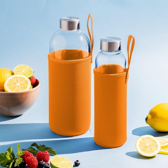 Glazen fles 1 l met neopreen hoes, drinkfles van glas in 500 ml en 1000 ml, met beschermhoes en roestvrijstalen deksel, waterfles voor sport, kantoor, school en outdoor, oranje