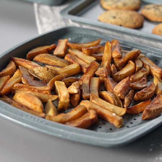 38 cm marmeren frietbak, geperforeerde bakplaat voor frietjes, rechthoekig, ovenbak, grijs koolstofstaal, gemakkelijk schoon te maken antiaanbaklaag, koekjesbak, PFOA-vrij