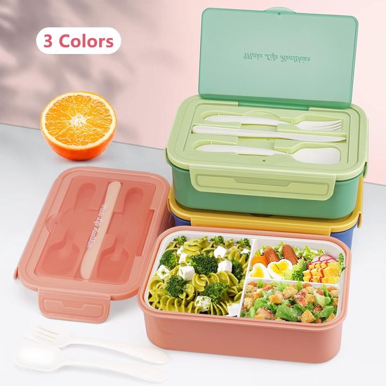 Bento Box voor kinderen en volwassenen, lunchbox voor volwassenen, broodtrommel met 3 vakken, lunchbox voor volwassenen en kinderen, met lepel en vork, magnetron- en vaatwasmachinebestendig