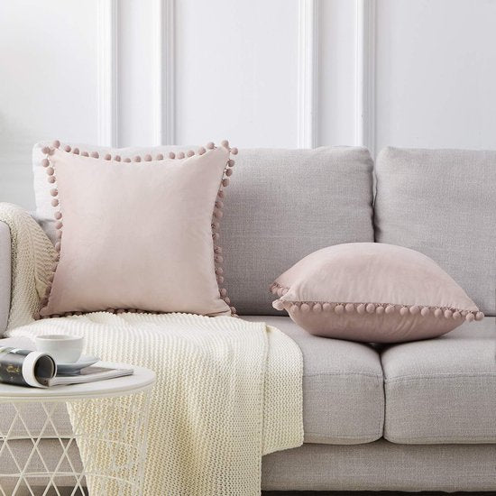 Fluwelen kussenslopen met pompons, effen, decoratief, hoofdkussen, zitkussen, voor de bank, slaapkamer, kantoor, auto