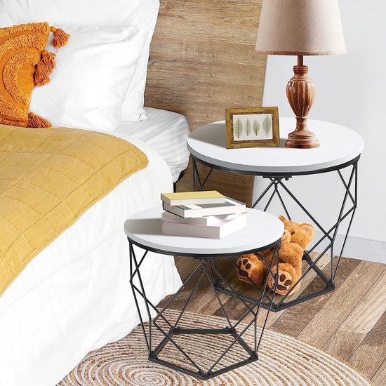 Set van 2 bijzettafels, houten plaat op stevig metalen frame, salontafel met mandfunctie, woonkamertafel, rieten tafel, metalen tafels, ideaal voor woonkamer, slaapkamer, kantoor, wit hout/zwart