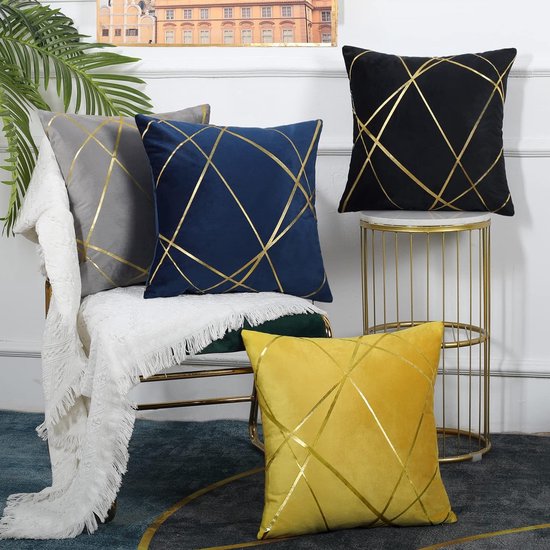 Zwarte fluwelen kussenhoezen, 40 x 40 cm, set van 2, gouden geometrische decoratieve kussenhoezen, bankkussen, bankkussen, decoratieve kussenhoezen, moderne decoratieve kussenhoezen voor slaapkamer, bank.