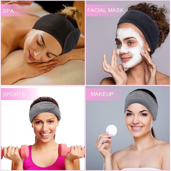 4 stuks cosmetische haarbanden, spa hoofdband, badstof haarbanden voor make-up, sport, yoga, verstelbare haarbeschermingsband met klittenbandsluiting (zwart + grijs)