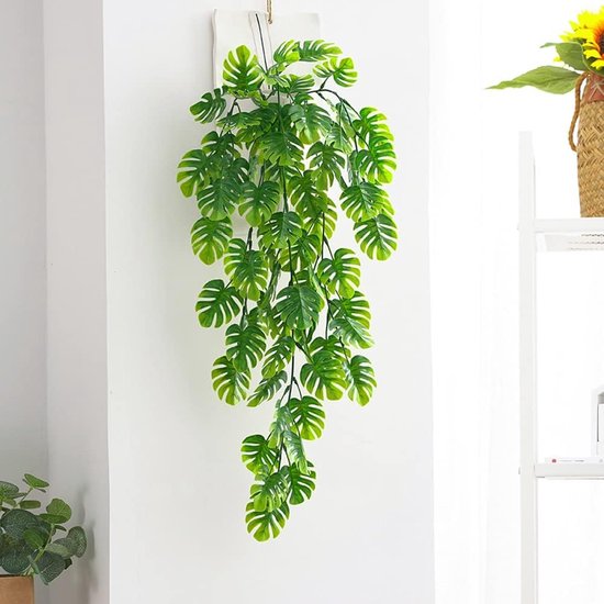 2 stuks kunsthangplanten, lichtgroen, 70 cm lang, kunstplant kunstmonstera-bladeren, nep klimop, hangende slingers voor bruiloft, tuin, wanddecoratie, hangmanden