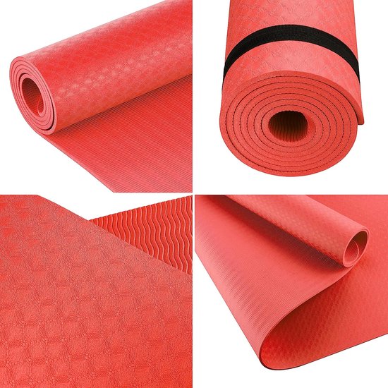 Yogamat, premium TPE, antislip, fitnessmat, sportmat, gymnastiekmat mat voor fitness, yoga, pilates, sport, afmetingen 183 x 61 cm, dikte 6 mm, pepper-rood