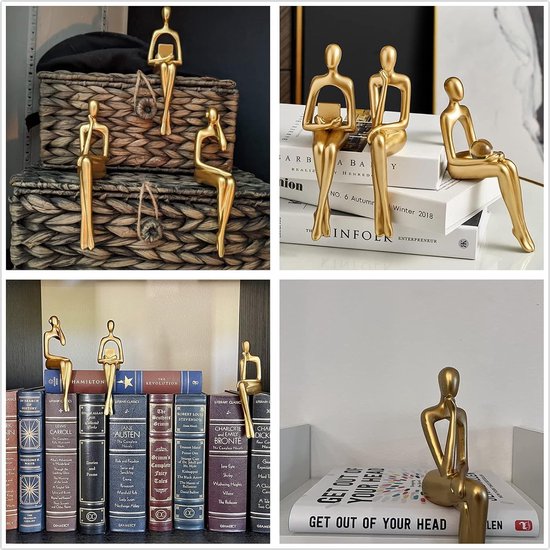 Hars denker stijl goud decor zittende denker standbeeld abstracte sculptuur, boekenplank decor accenten hars verzamelfiguren voor thuiskantoor woonkamer tafel desktop decor (zwart)
