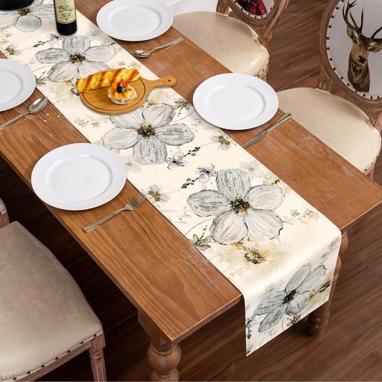 Tafelloper beige bloem 32 x 180 cm wasbaar tafelkleed bloemen planten tafelloper zomer decoratieve tafelloper modern voor eetkamer keuken boerderij bruiloft verjaardag buiten
