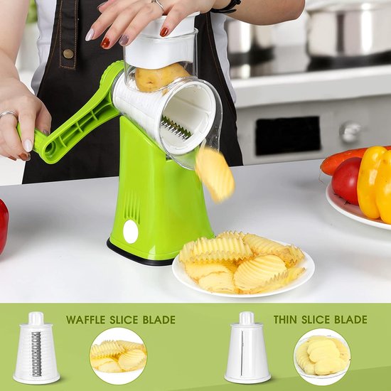 Trommelrasp, 5-in-1 kaasrasp met zwengel en 10 roestvrijstalen verwisselbare messen, handmatige groentesnijder, keukenrasp voor salade, noten, fruit, pizza (snijbestendige handschoenen)