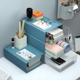 Set van 2 bureauladendozen a4 groot, kunststof ladedozen met laden, stapelbaar, opbergdoos met lade voor briefpapier en andere kantooraccessoires, transparant blauw