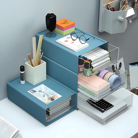 Set van 2 bureauladendozen a4 groot, kunststof ladedozen met laden, stapelbaar, opbergdoos met lade voor briefpapier en andere kantooraccessoires, transparant blauw