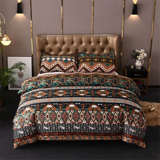 Bohemian beddengoedset, 135 x 200 cm, 2-delige Indiase mandala, zachte microvezel, Boheems, exotisch, bruin, groen, geometrisch gestreept patroon, vintage dekbedovertrek met ritssluiting