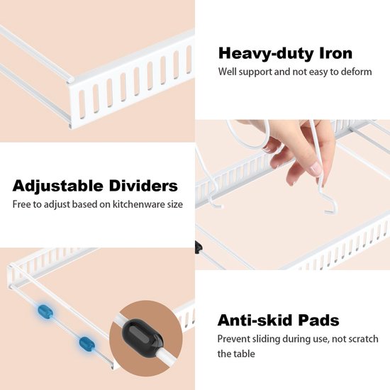 Housolution pannenhouder voor lade, uitbreidbare potdekselhouder met 14 verstelbare verdelers, potdeksel opbergpan organizer dekselhouder voor keuken, wit