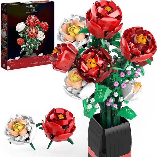 Rose Bouquet Kit with Vase, 818 Pieces Flower Building Blocks Set for Adults, Room Decoration Crafts, Creative Gifts for Women or Wife, Compatible with Lego