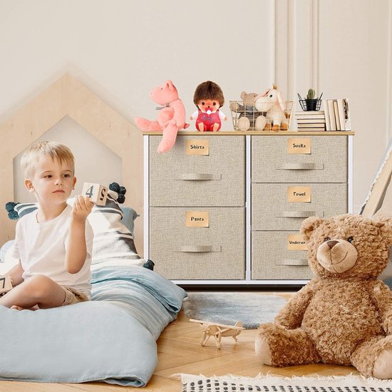 ladekast, smalle kast met 5 laden van stof, praktische opbergkast, organisatiemeubilair voor slaapkamers, kinderkamers, ingangen van appartementen, gangen, beige