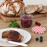 Weckpotten, met schroefdeksel, 230 ml, diameter: 8,5 cm, hoogte: 6,5 cm, glas/metaal, rood geruit schroefdeksel van 82 mm, glas, keuze uit verschillende aantallen, rood, 12 stuks