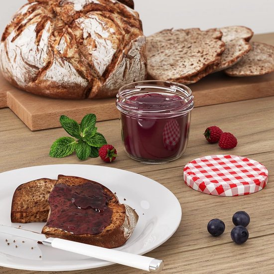 Weckpotten, met schroefdeksel, 230 ml, diameter: 8,5 cm, hoogte: 6,5 cm, glas/metaal, rood geruit schroefdeksel van 82 mm, glas, keuze uit verschillende aantallen, rood, 12 stuks