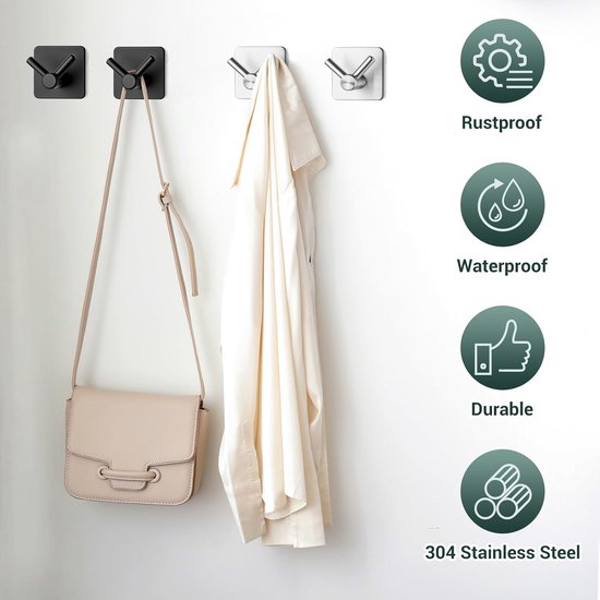 Handdoekhaken, handdoekrail, 4 stuks, zonder boren, zelfklevende haken, badkamer roestvrijstalen haken met twee schakels, stijlvolle muurhaken, extra sterke zelfklevende haken, geschikt voor thuis, badkamer, kantoor