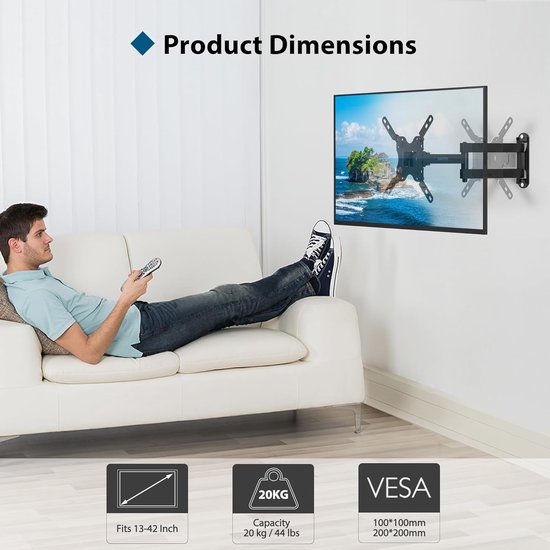 TV muurbeugel voor 13-42 inch LED LCD OLED televisies, kantelbaar, draaibaar en 360° draaibaar, muurbeugel TV tot 20 kg, met veiligheidsschroeven, max. VESA 200 x 200 mm