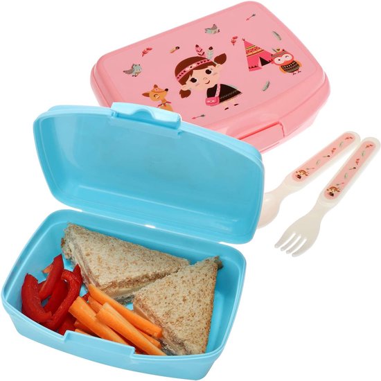 6-delige set lunchtrommel en bestek, met grappige indianenmotieven voor jongens en meisjes, broodtrommel met lepel en vork (roze/blauw - 6-delig)