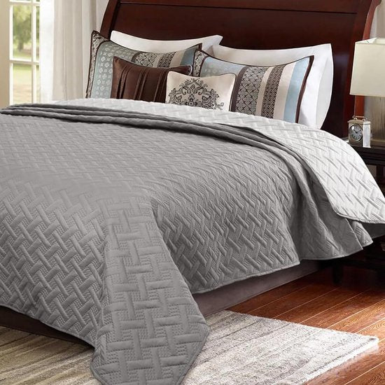 Sprei, bedsprei, 240 x 260 cm, donkergrijs + lichtgrijs, patchwork, omkeerbaar design, beddenspreis van microvezel, quilt bij ultrasoon genaaid, woondeken, bankovertrek, sprei voor bed