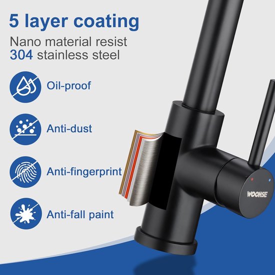 Keukenkraan met sproeier, uittrekbaar, hogedruk waterkraan, keuken, zwart, 360° rotatie, spoelbakarmatuur met douche, twee waterstraalsoorten, keukenkraan van roestvrij staal 304, mengkraan