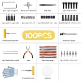 Bandenreparatieset, 100-delig, reparatieset met bandenspanningsmeter, handschoenen en 35 accessoires voor banden, bandenreparatieset voor auto's, fietsen, motorfietsen, tractore