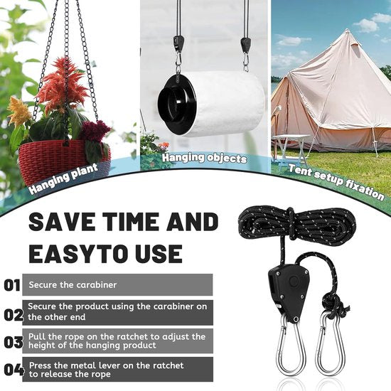 Klik op de afbeelding voor een uitgebreide weergave Set van 4 ratelhangers Verstelbare touwhanger 4M, 1/8 inch Rateltouw Trekratel Ratelhaak Verstelbare touwhaak Ratel Touwratel voor kamerplanten Buitentent (zwart)