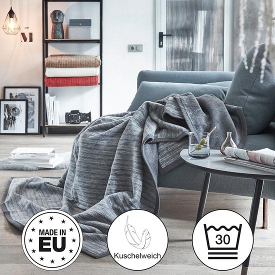 knuffeldeken, 150 x 200 cm, woondeken, grijs, lichtgrijs, leuke omkeerbare deken van hoogwaardige katoenmix, knuffelzacht en aangenaam warm