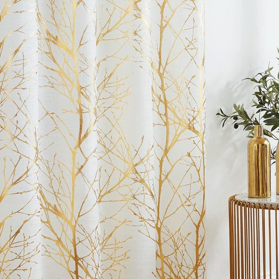 Curtains with Eyelets, Gold Foil, White Tree Branches, Printed Curtains, Linen Look Curtains, Short Semi-Transparent Curtains, Modern Eyelet Curtains for Living Room, Bedroom (Gold on White,