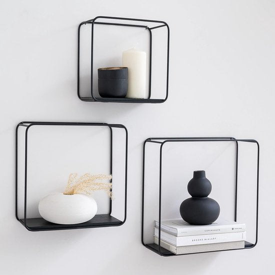 Wandrekset, 3-delig hangrek van metaal en echt hout Veneer, wanddecoratie en plank voor badkamer, woonkamer, keuken, slaapkamer en meer, mat zwart