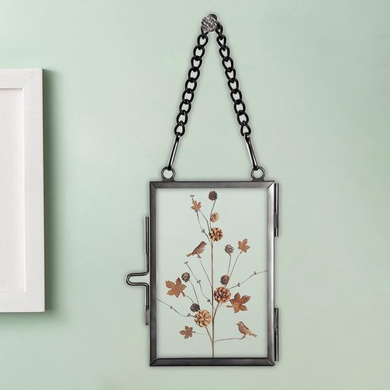 Set van 4 mini-rechthoekige fotolijsten van metaal en glas, hangende glazen fotolijst, geometrisch ornament, plantenmonsterclip, voor geperste bloemenfoto's, zwart