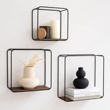 Wandplankenset, 3-delige hangplank van metaal en echt houtfineer, wanddecoratie en plank voor badkamer, woonkamer, keuken, slaapkamer en meer, walnoot