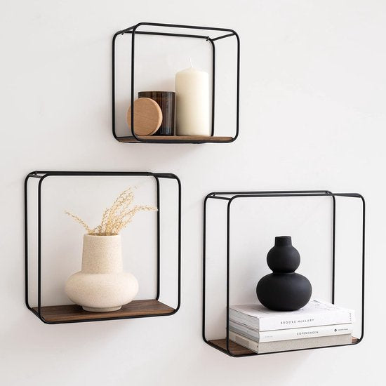 Wandplankenset, 3-delige hangplank van metaal en echt houtfineer, wanddecoratie en plank voor badkamer, woonkamer, keuken, slaapkamer en meer, walnoot