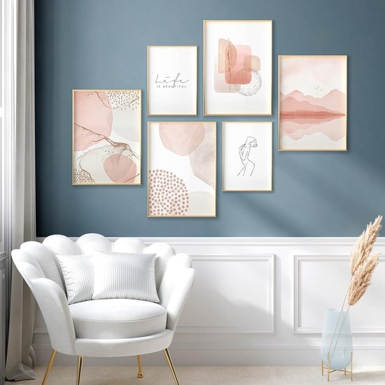 Posters - meerdelige wandafbeeldingen voor de woonkamer en slaapkamer - kunstwerk afbeeldingen set om in te lijsten - 6 kamers decoratieve wandposter zonder lijst - grootte 4x A3 + 2x A4 (roze)